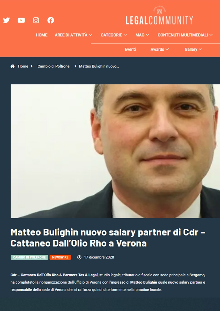 Matteo Bulighin Nuovo Salary Partner Di Cdr Cattaneo DallOlio Rho A Verona pag.1