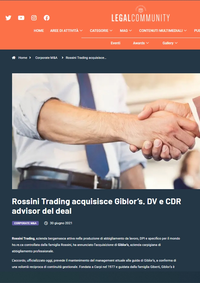 Rossini Trading acquisisce Giblor’s. DV e CDR advisor del deal. Pag. 1